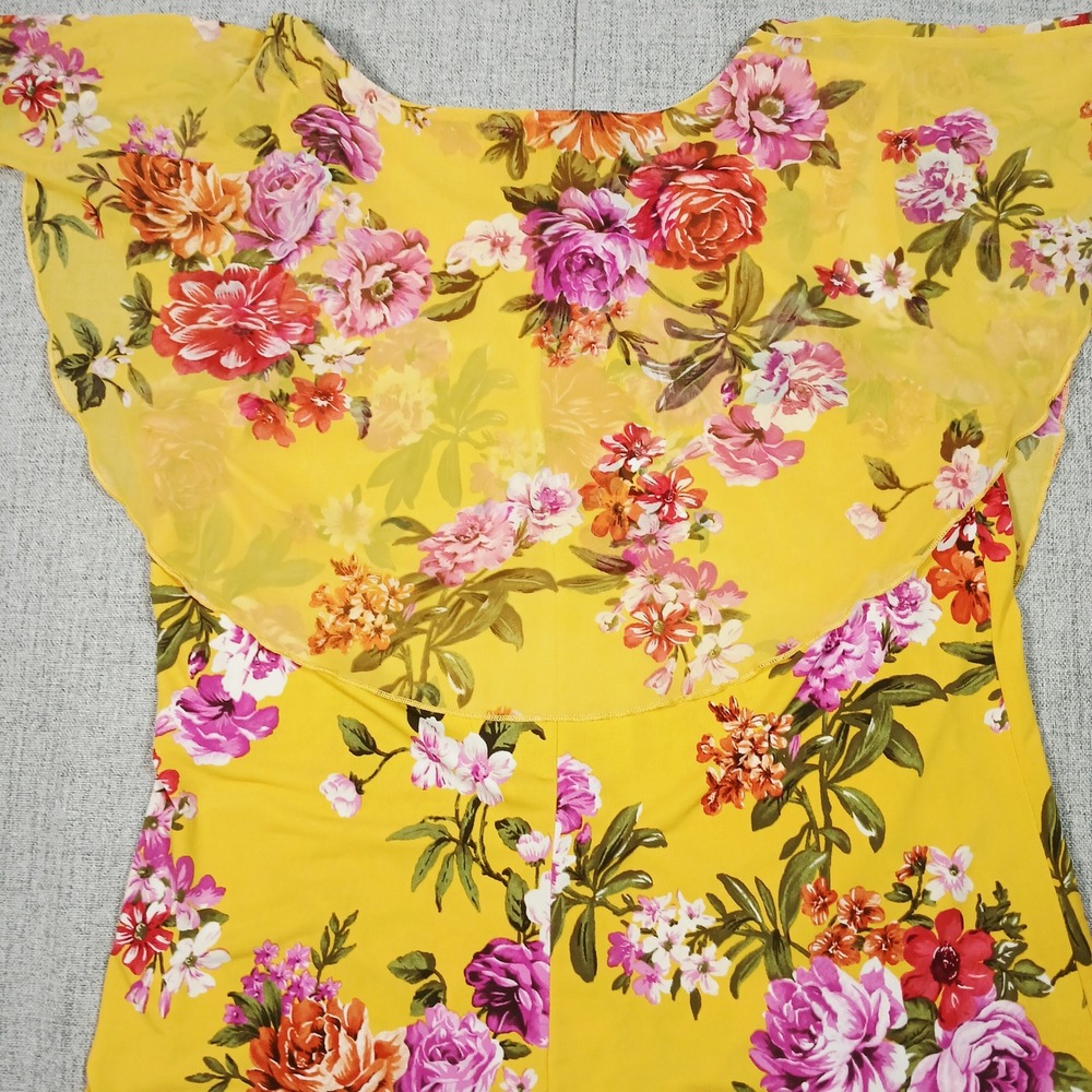 Yellow Boho Top Floral Flutter Sleeve Ruffle Front Blouse Large Semi Sheer - Picture 10 of 12
